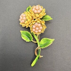Vintage Enamel MCM Pink Yellow Flower Bouquet Brooch Gold Tone 2.75" Retro